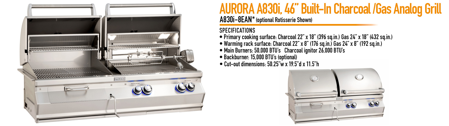 Fire Magic Aurora A830 Combo Gas/Charcoal Built-In Grill (Optional Rotisserie)