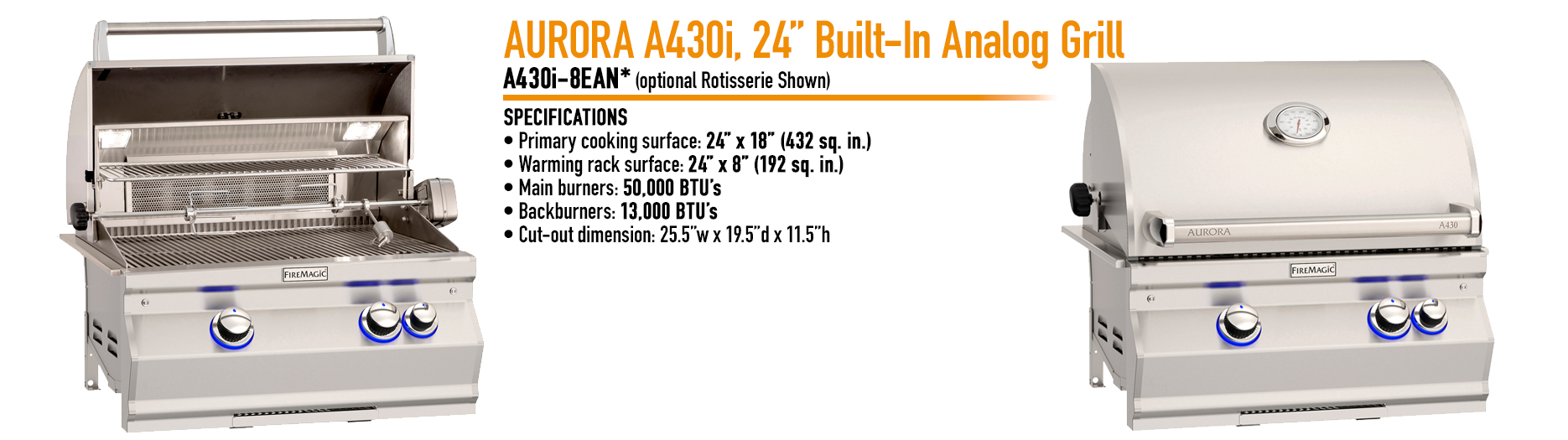 Fire Magic Aurora A430 Built-In Grill (Optional Rotisserie)